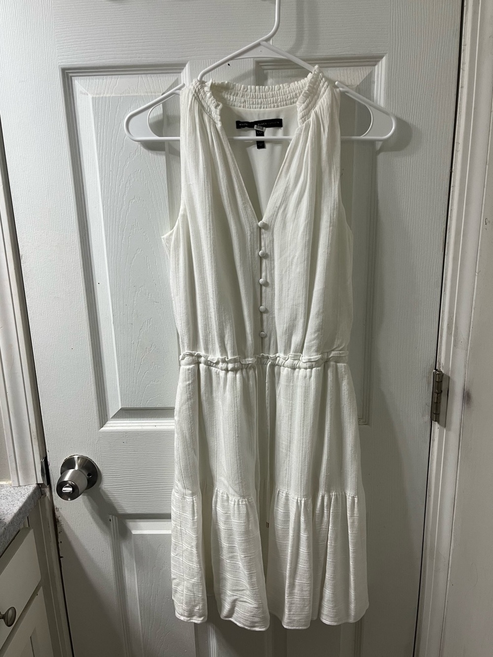 WHBM white tie waist split neck button front ruffle skirt dress